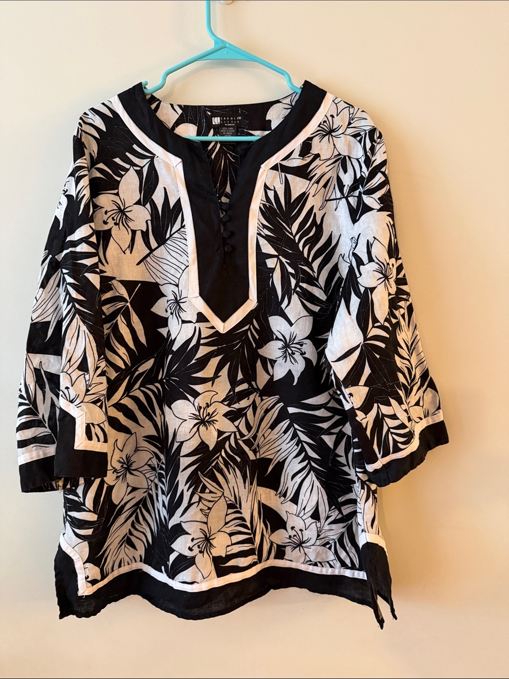 Carole Little Black and White 100% Linen Floral Tunic with Contrast Trim